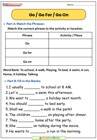 Go For And On – English Grammar Practice worksheet pdf