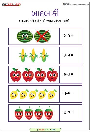 ચિત્રો દ્વારા સરળ બાદબાકી worksheet